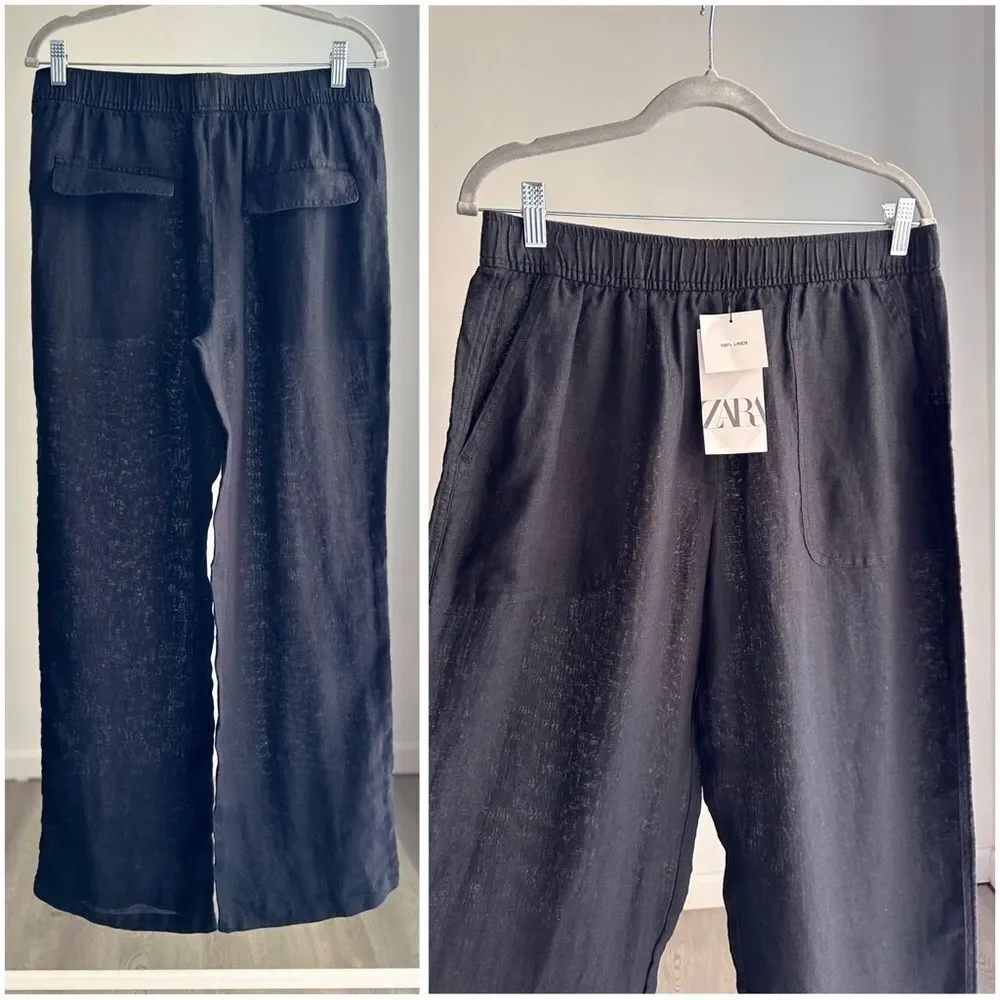 ZARA WIDE LEG LINEN PANTS BLACK